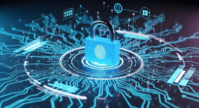 Cybersecurity Data Protection Concept with Digital Padlock and Fingerprint Technology  - Powered by Adobe