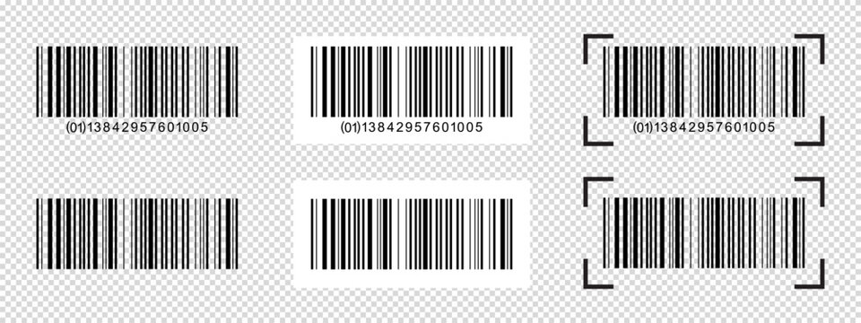 Set of barcode stickers mockups with scanning frames. Samples of bar code labels isolated on transparent background. Visual presentation of digital data product information. Vector illustration