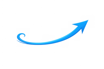 Blue 3d arrow curving upwards, symbolizing growth, success, and positive trends. Isolated on a transparent background