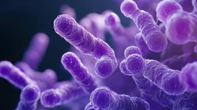A detailed view of purple microorganisms floating through the water.