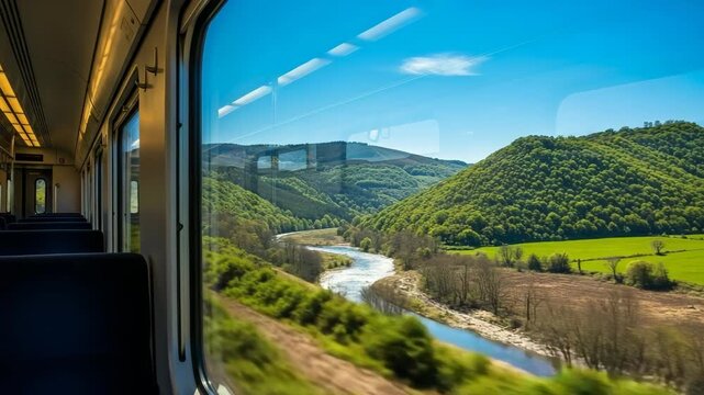 Blurred green and brown landscape moving quickly past an empty train window,   
