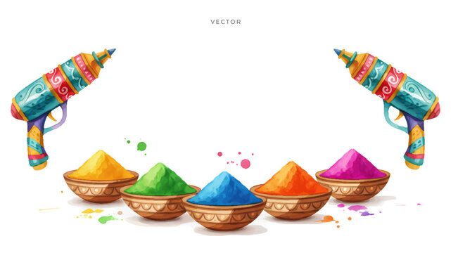 Celebrate Happy Holi festival with water gun on white background.
