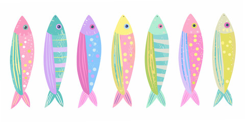a colorful row of stylized fish illustrations in various bright pastel hues © Piku