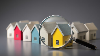 Magnifying glass focuses on a yellow house model among a number of other mockups. Concept of choosing a property, market research, evaluating a home and finding the perfect one to buy.