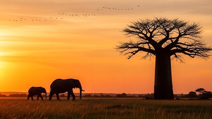 Obraz premium Elephants Grazing Peacefully under Leafless Tree at Sunset in Savannah