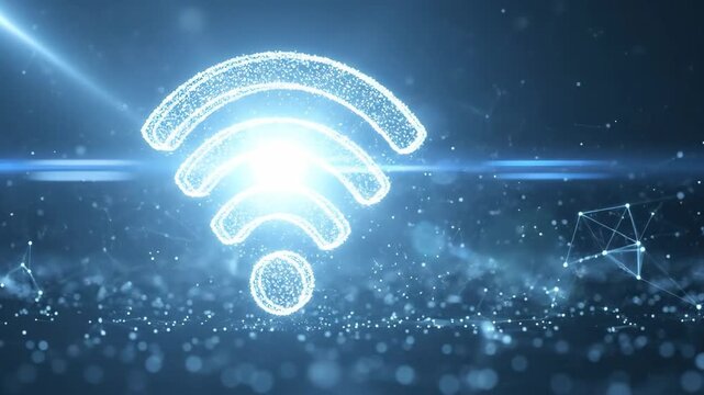 Digital wireless connection symbol illuminated in sparkling particles, showcasing progressive enhancement of connectivity, camera zooms in on details, emphasizing technology and innovation