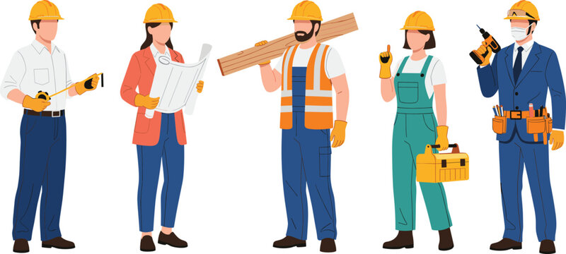 Construction workers profession illustration set showing builders, engineer, carpenter, and technician wearing safety gear with tools in flat vector style