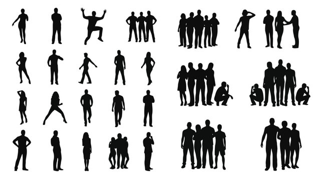Collection of various human silhouettes standing and interacting in different poses isolated on white background