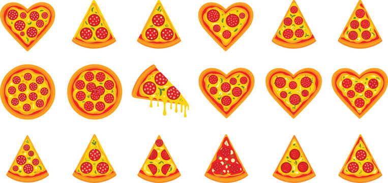 Cute pizza slice and heart shaped pizza vector icon set with pepperoni cheese and cartoon style