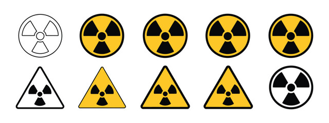 Radiation hazard symbol vector illustration, nuclear danger warning signs, radioactive icons, safety alerts, toxic material caution graphics in line and solid styles.