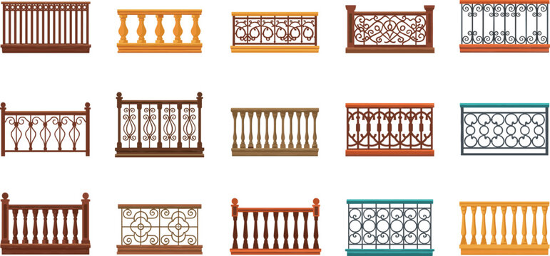 Decorative Balcony Railings and Fences Collection with Classic and Ornamental Designs Flat Vector Illustration Set