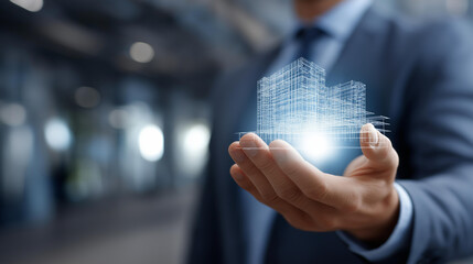 Building information modeling for construction efficiency, projection virtual screen, business technology concept, architectural planning, engineering design, defocused