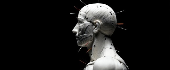 The Anatomical Head Model with Exposed Muscles and Acupuncture Needles on Black