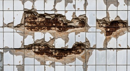 Crumbling white tiled wall with exposed rusty metal grid and peeling paint texture crumbling wall damaged tiles