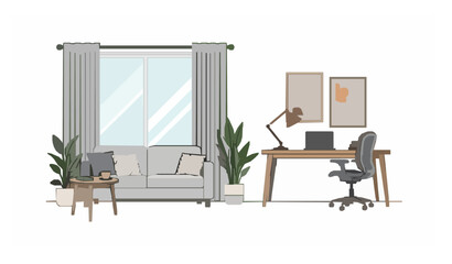 Fototapeta premium Cozy apartment living room with integrated home office flat vector design on white background