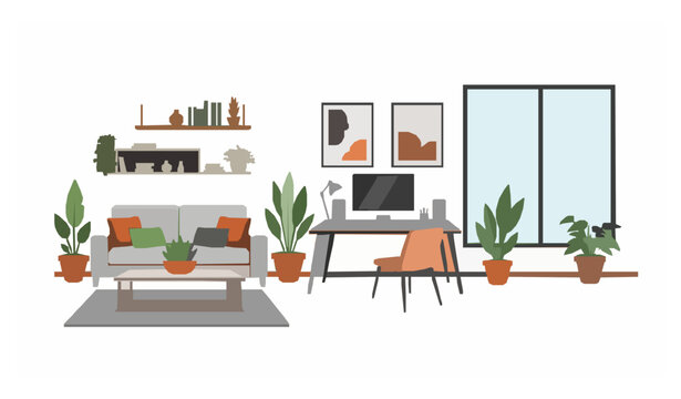 Stylish living room and home office setup flat vector illustration for modern apartments