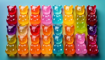 a delightful array of colorful gummy bears arranged in a grid each with a distinct shape and hue