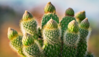 close up shot of a green cactus plant with several buds on its pads
