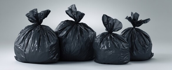 The Garbage Bags Arranged In A Row On A Minimal Gray Studio Surface