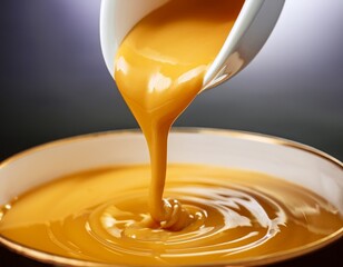 close up of flowing golden sauce showcasing its smooth texture and tempting allure the sauce cascades creating an inviting and appetizing visual