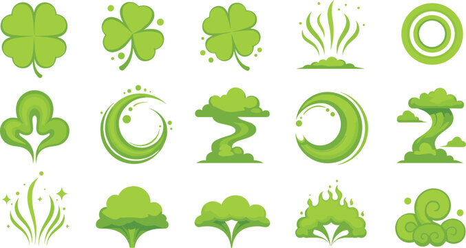 Green magic nature effects vector icon set with clovers leaves swirls energy clouds and fantasy elements