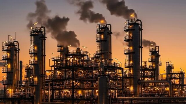 Industrial complex at dusk featuring illuminated structures, pipes, and chimneys against a colorful sky.
