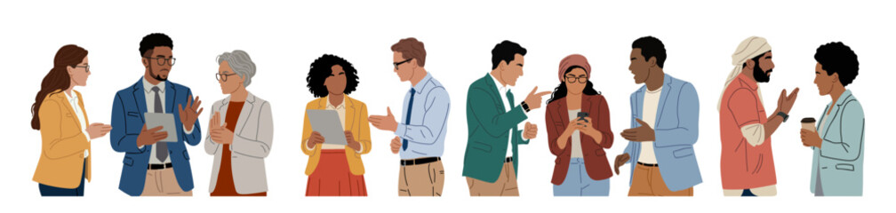 Obraz premium Set of diverse professionals in business casual attire, ideal for corporate, teamwork, and modern workplace concepts. Flat minimalist vector illustration isolated on transparent background