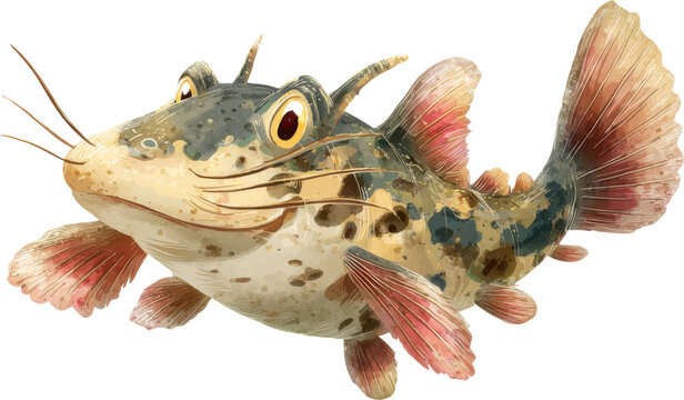 a detailed close up portrait of a quirky colorful cartoonish catfish swimming