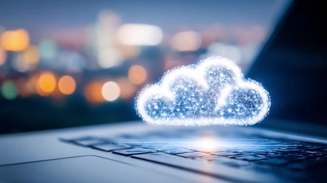 Cloud Computing Innovation: A luminous cloud of digital data hovers above a sleek laptop keyboard, representing the seamless connectivity and innovation of cloud computing.