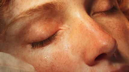 Obraz premium A woman with red hair and freckles is sleeping. Concept of relaxation and peacefulness