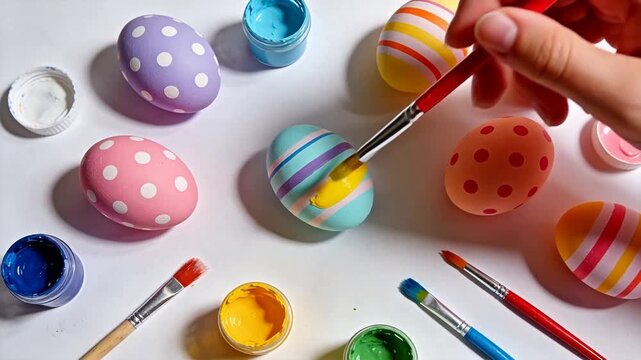 Easter eggs being painted with colorful designs
