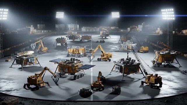 Robotic mining excavators and landers on an illuminated extraterrestrial base