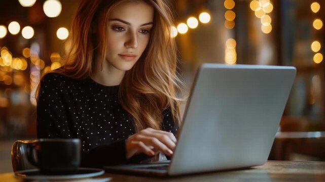 A woman wearing a glittery top is sitting at a table and typing on her silver laptop computer while surrounded by glowing, colorful lights. She appears focused and engaged in her work.