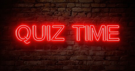 Obraz premium The Quiz Time neon sign glowing on a vintage brick wall backdrop at night