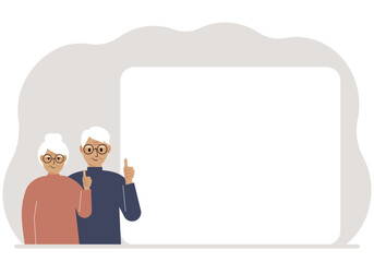 Elderly Man and Woman with Thumbs Up. Activists near the poster.
