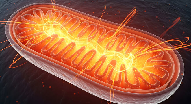 Vibrant orange and yellow glowing mitochondrion with intricate internal cristae structures actively producing cellular energy, rendered in three dimensions against a dark microscopic background.
