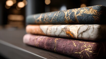 Three stacks of fabric with gold and brown designs