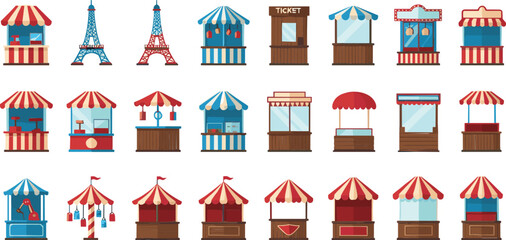 Fototapeta premium Market Stalls and Fair Booths Collection with Circus Kiosks and Street Shops Flat Vector Illustration Set