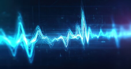The waveform glowing in blue representing a digital audio signal and heartbeat visualization