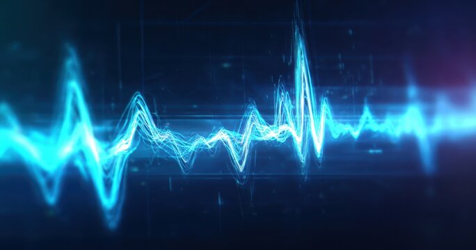 The waveform glowing in blue representing a digital audio signal and heartbeat visualization - Powered by Adobe