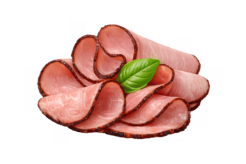Sliced deli meat with a fresh basil leaf, creating a simple cold cut offering. Ham ready for eating, isolated