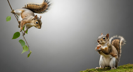 Two cute squirrels playing in nature