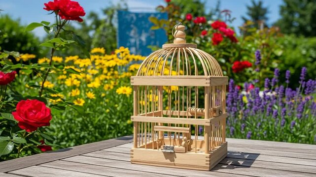 Wooden birdcage on table surrounded by colorful flowers in garden  