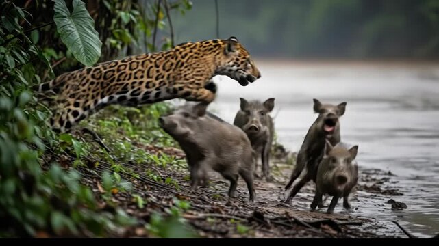 Jaguar stalking peccaries by the river in a lush jungle.