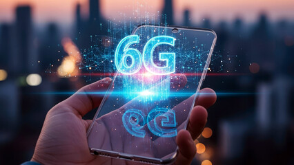 A hand holds a  smartphone displaying a glowing 6G emblem against a blurred neon city skyline at night. Future wireless tech, connectivity, and futuristic mobile evolution concept.