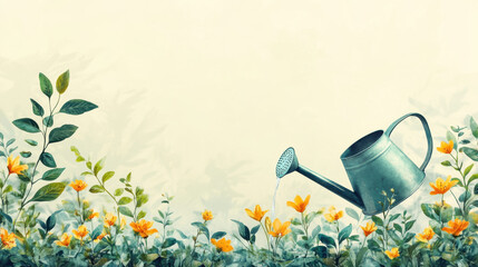 Watering metallic can gently pouring liquid onto young green seedling, nurturing plant growth in rich soil with blurred verdant backdrop