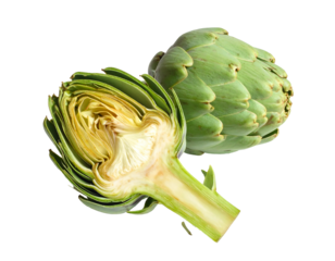 Two green artichokes, one halved, against a black backdrop, showing textures and details