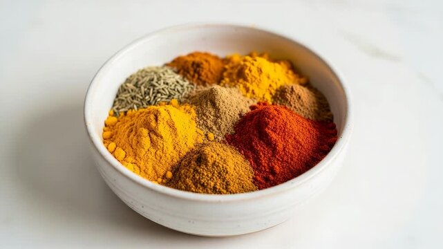 A small ceramic bowl of colorful, dried spices (turmeric, paprika) on a light counter,  