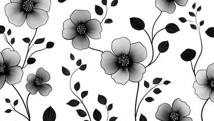 Seamless floral pattern with white flowers and gray leaves on a black background, perfect for elegant and stylish designs