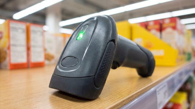 A handheld barcode scanner resting on a retail shelf with blurred grocery products in the background, representing modern point of sale technology, and inventory management.